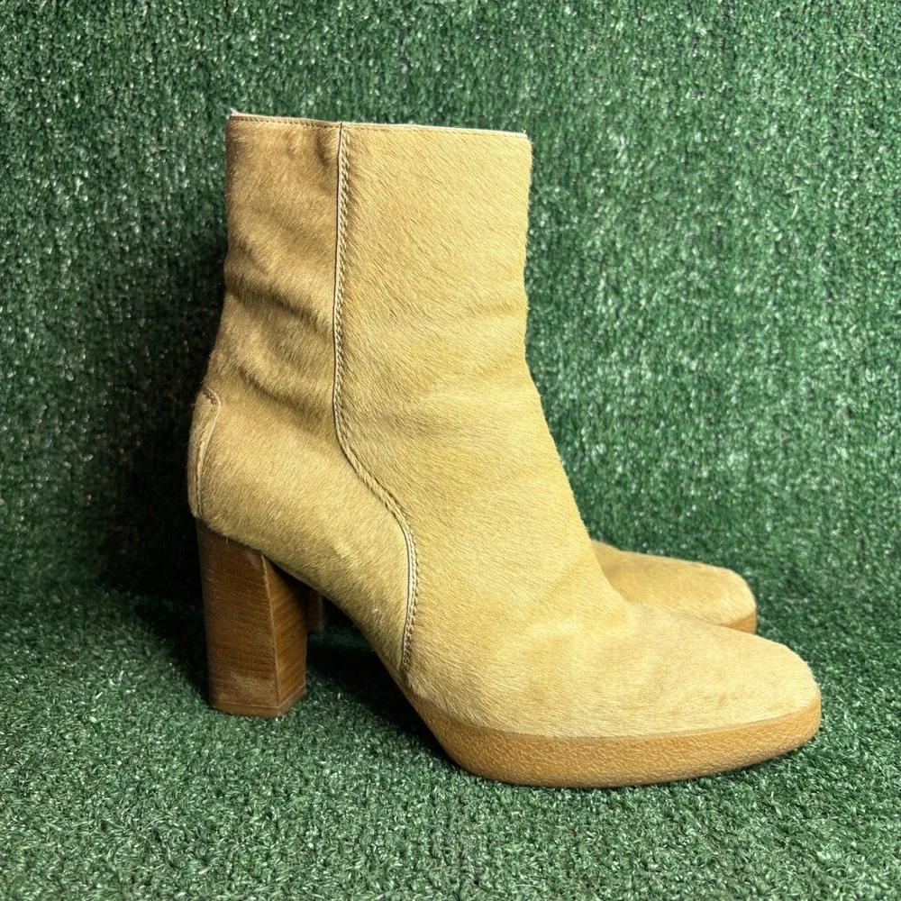 Tods Pony Hair Block Heel Side Zip Ankle Bootie Moto Tan Beige Womens Size 8.5‎